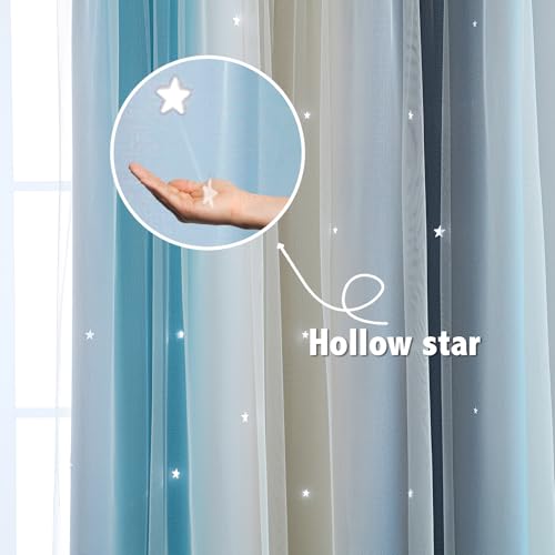Double Layer Star Blackout Curtain with Sheer Overlay, 52 x 63 Inch
