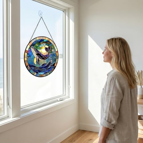 SJUYODOO Blue and Purple Stained Glass Window Hanging, Whale & Sea Waves Sun Catcher, 11.8in
