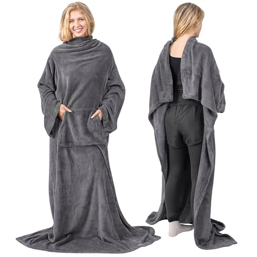 Wearable Fleece Blanket with Sleeves for Adults, Soft Warm Throw Robe