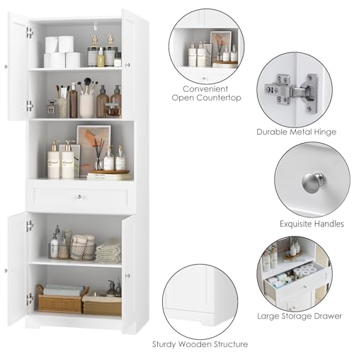 Tall Bathroom Storage Cabinet with Drawer and Shelves, 67-Inch White Linen Tower