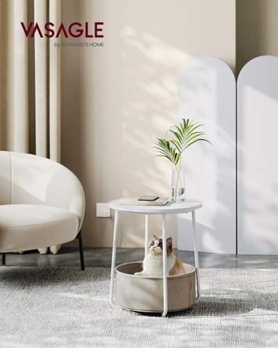 Small Round Side End Table with Fabric Storage Basket, Modern Nightstand
