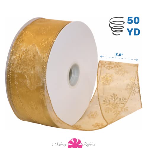Morex Snowflake 2.5" x 50yd Gold Wired Glitter Ribbon – Sheer Nylon
