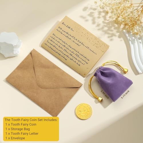 Tooth Fairy Coin Keepsake Kit with Tooth Pouch, Letter & Case for Kids