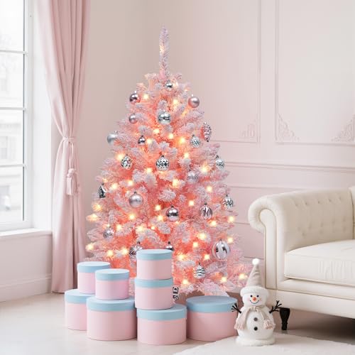 YITAHOME 4.5 ft Pink Flocked Christmas Tree with Warm-White Lights - Adjustable 8 Modes, Full Lush Design, Stable Base