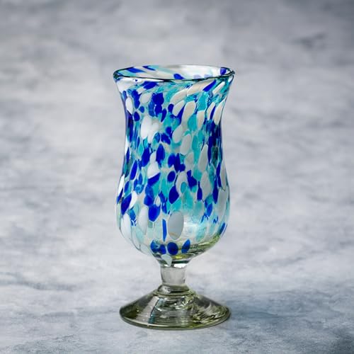 Bahia Hurricane Glass Set of 6 - Handblown Mexican Recycled Glassware with Blue & White Confetti