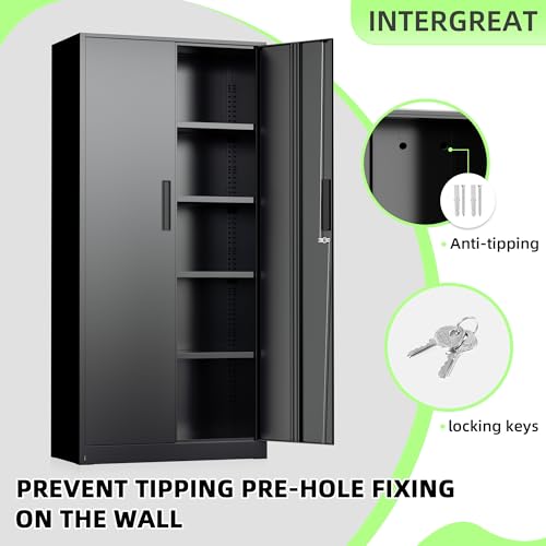 72-Inch Tall Locking Metal Storage Cabinet with 4 Adjustable Shelves, Black