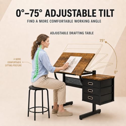 Adjustable Drafting Table with 3 Drawers and Stool for Artists