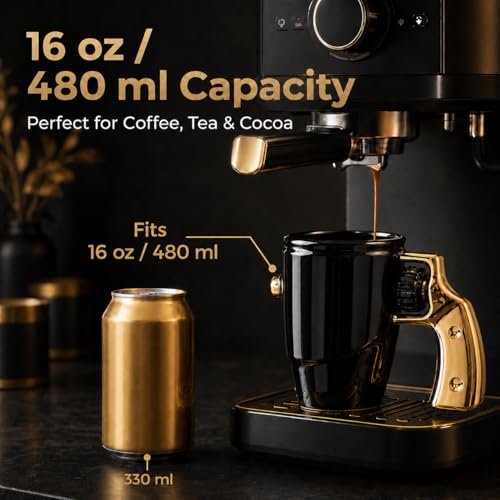 Revolver Mug with Lid - 16 oz Gold Gun Design Ceramic Coffee Cup with Spin Handle - Novelty Gift for Men Dad Husband