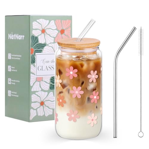 Daisy Flower Glass Cup with Bamboo Lid and Straw - 16 oz Iced Coffee Mug