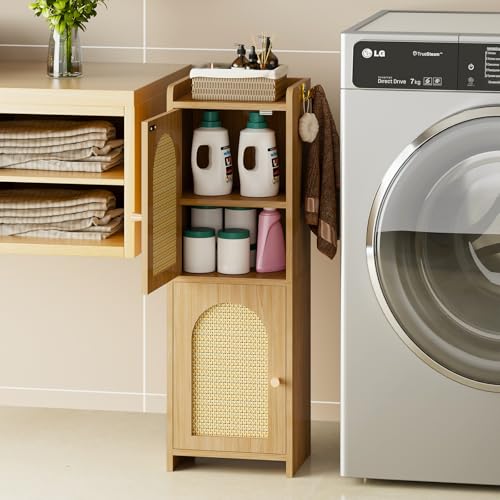 Narrow Rattan Bathroom Storage Cabinet with 2 Doors and Adjustable Shelf