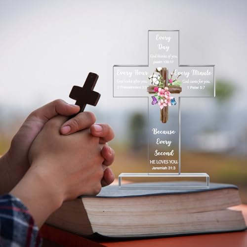Acrylic Cross Desk Decor with Bible Verses, Religious Standing Table Gift