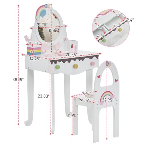 Kids Vanity Table Set with Stool and 7 Makeup Accessories, Rainbow Design