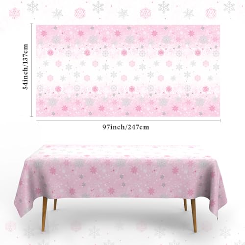 Pink Snowflake Plastic Tablecloth 54x108 Inch Winter Wonderland Party Decor - 2 Pack