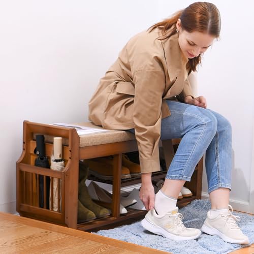 Bamboo Shoe Storage Bench with Hidden Drawer, Cushion, and Side Holder