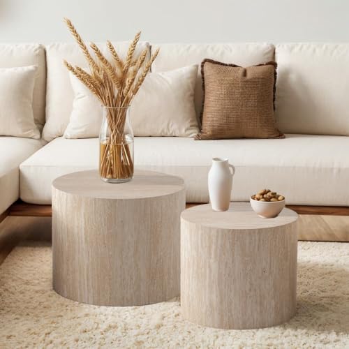 Round Travertine Nesting Coffee Table Set of 2, Modern Nested Side Tables
