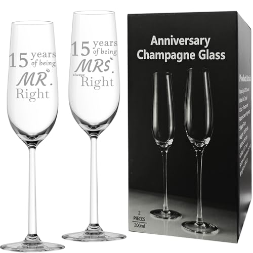 15th Anniversary Champagne Flutes Set of 2 with Gift Box – Crystal Glass, Elegant Design
