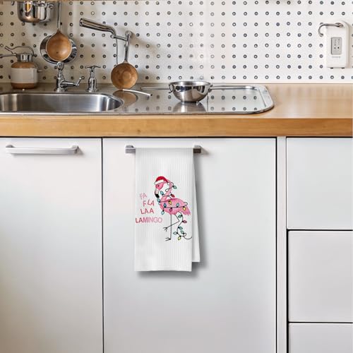 XIVENHAVM Flamingo Christmas Kitchen Towels - Pink Decorative Waffle Dish Towels, 16x24 Inch, Funny Flamingo Gift