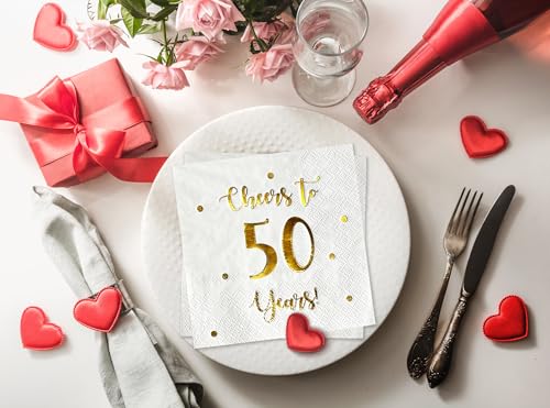 White Cheers to 50 Years Cocktail Napkins - 50-Pack, 3-Ply, Birthday & Anniversary Decor