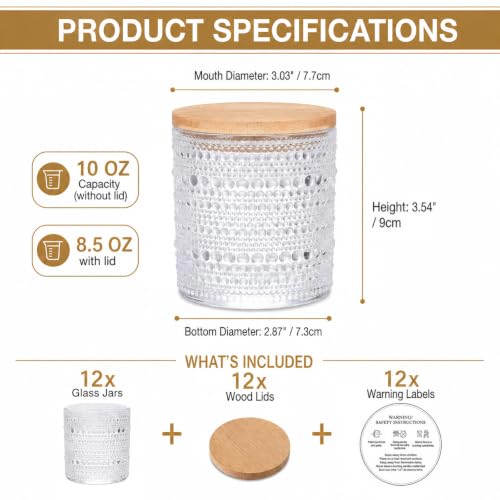 12-Pack 10 oz Thick Glass Candle Jars with Airtight Lids