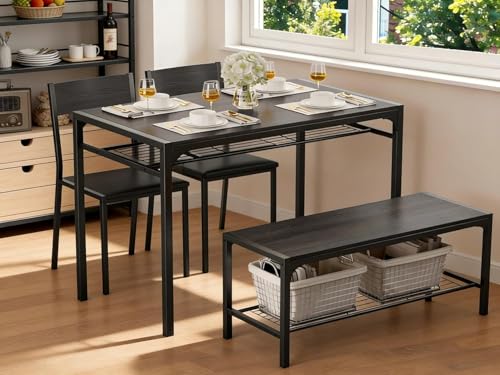 4-Piece Dining Table Set for 4 with Bench and Built-In Storage Racks - Black