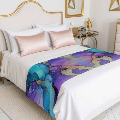 Purple Gold Marble Satin Bed Runner for King Size Bed (94x20 Inch)