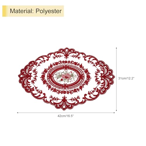 Dark Red Retro Lace Placemat 12x16 Inch Oval Embroidered Table Mat for Home & Wedding