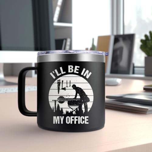 Fufendio Woodworking Gift 14oz Coffee Mug – Black Variation, Leakproof Lid