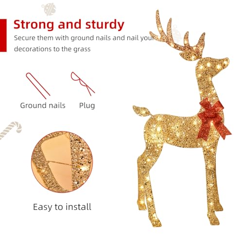 HOYECHI 4FT Gold 3-Piece Lighted Christmas Reindeer Family Set with 145 LED Lights