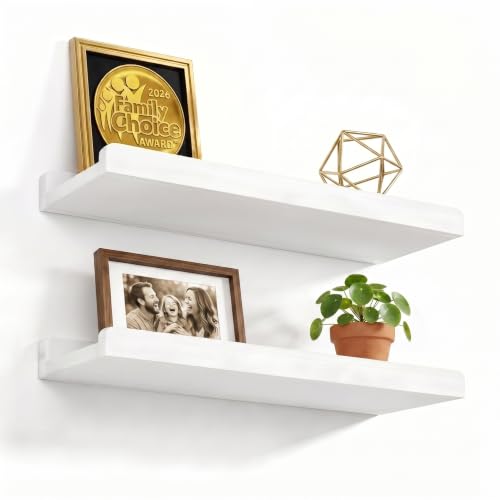 17-Inch Floating Wall Shelves with Protective Ledge, Set of 2, White