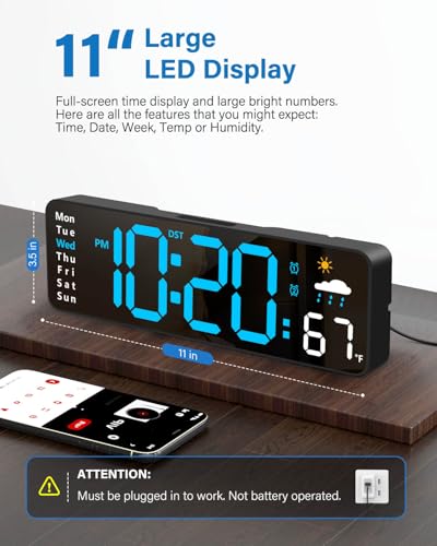 Large Digital Wall Clock with Remote Control, Temp & Humidity (Blue)