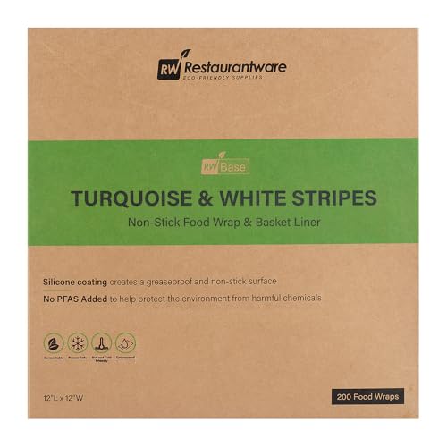 Restaurantware-Chef 101 12 x 12 Inch Deli Papers, 200 Greaseproof Sandwich Wrapping Papers - No Added PFAS, Striped Design, Turquoise And White Paper Food Basket Liners, Pre-Cut Style