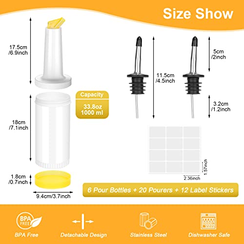 Darckle 6-Piece Multi-Color Juice Pour Bottles & 20 Stainless Steel Pourers – 1L Reusable Bar & Kitchen Set