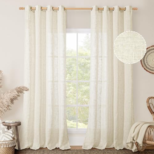 Ivory Semi Sheer Linen Curtains 84 Inch - Light Filtering Drapes (Set of 2)