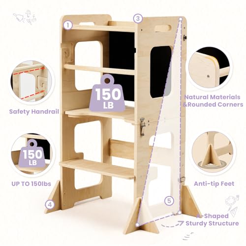 Foldable Wooden Learning Tower with Blackboard - Toddler Kitchen Step Stool