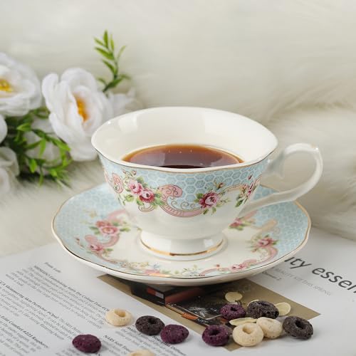 Fanquare Colorful Floral Porcelain Coffee Cup Set with Saucers - Yellow & Blue, 6-Piece Tea Set for Women