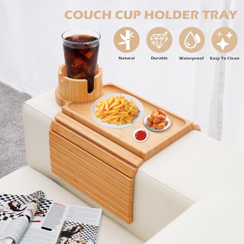 Bamboo Couch Arm Tray with 360° Rotating Cup Holder and Phone Stand