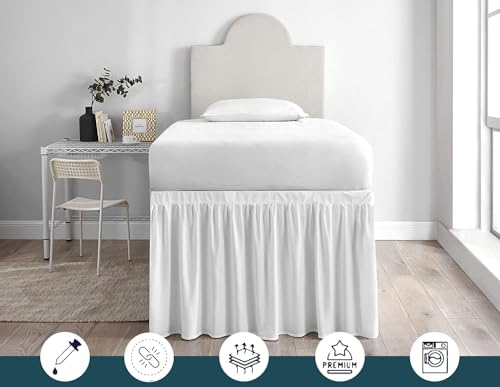 Twin XL Dorm Bed Skirt - 32 Inch Drop White Microfiber Ruffled Bedskirt