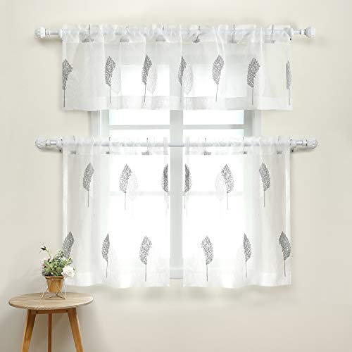 Leaf Pattern Tier Curtain & Valance Set – 3 Panels for Kitchen
