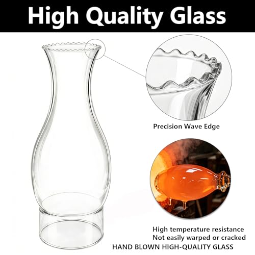 Clear Glass Oil Lamp Chimney - 8.3" Wave Top Hurricane Shade, 3" Fitter
