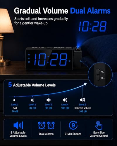 Projection Alarm Clock with 7" Blue LED Display and USB Charging Port