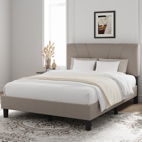 King Size Upholstered Platform Bed Frame with Adjustable Headboard, Beige