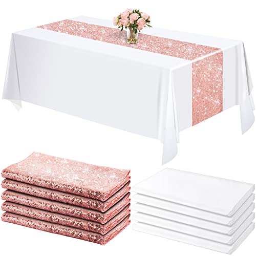 10 Pcs Rose Gold & White Plastic Table Runners and Tablecloths for Wedding & Party