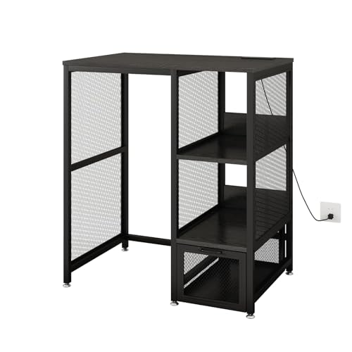 Kitchen Mini Fridge Stand with Power Outlet and Mesh Storage Drawer, Black