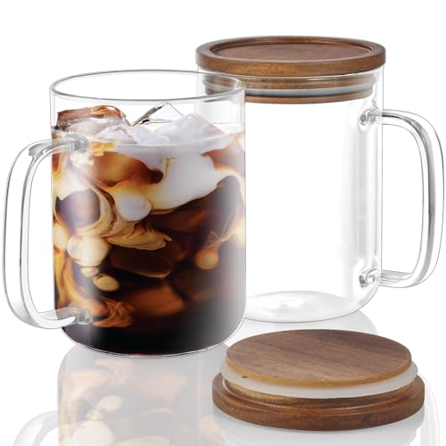 DRASTAR 20 oz Glass Coffee Mug Set with Acacia Wood Lids – Large Handle Tea & Latte Cups, Pack of 2