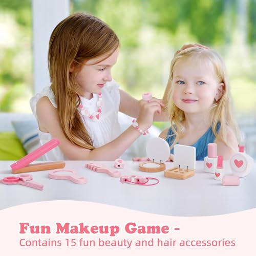 Kids Vanity Set with Mirror, Chair, and 15-Piece Makeup Accessories