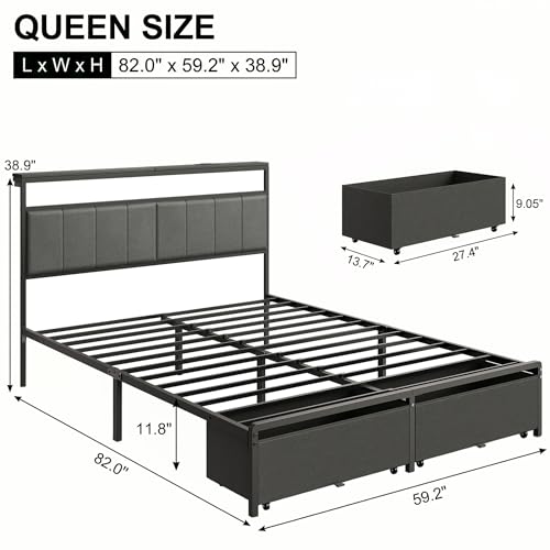 Queen Upholstered Platform Bed Frame with Storage Drawers & LED Headboard