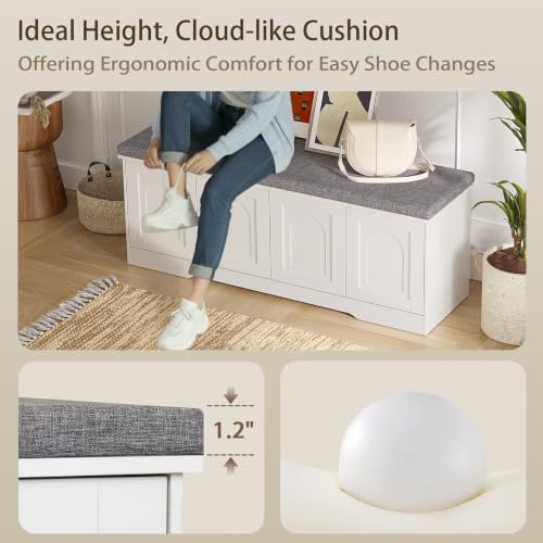 47-inch Shoe Storage Bench with Cushion and Door, White Entryway Cabinet