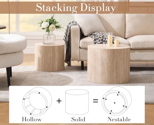 Round Wood Nesting Coffee Table Set of 2 - Minimalist Modern Side Tables