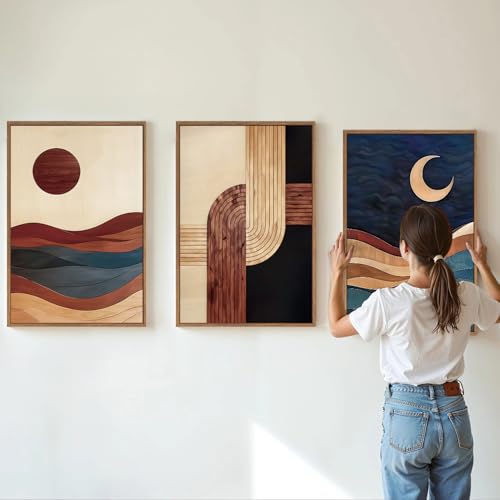 Boho Geometric Framed Canvas Wall Art Set - 3 Piece Sun and Moon Decor