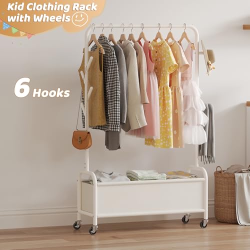 Kids Clothing Rack with Storage Bin and Hooks - Portable Garment Organizer